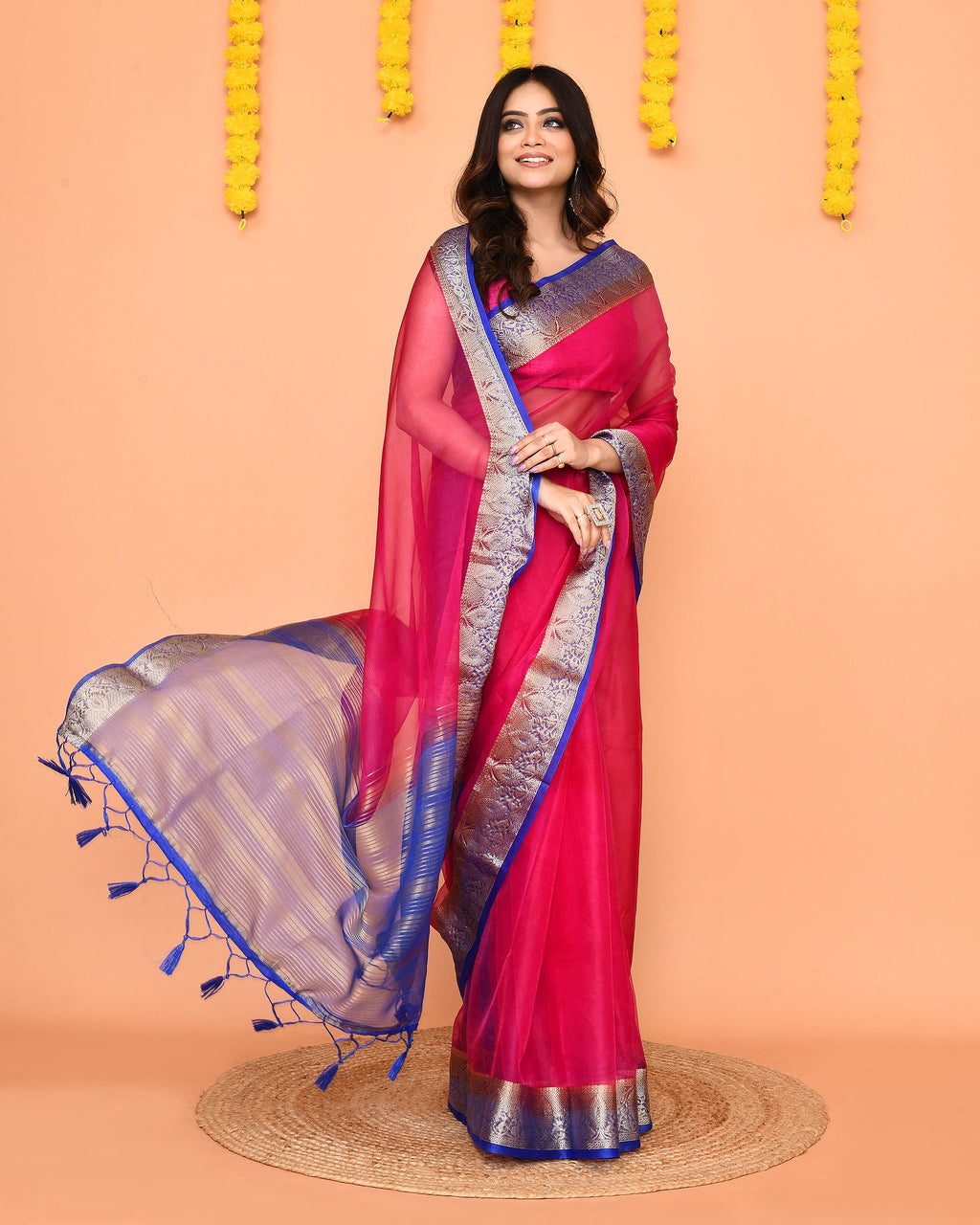 Piyari Fashion Women's Rani Pink Organza Silk Saree With Zari Border