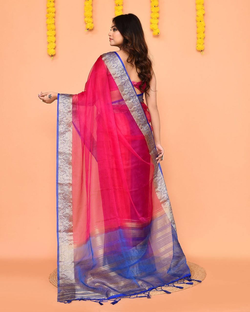 Piyari Fashion Women's Rani Pink Organza Silk Saree With Zari Border