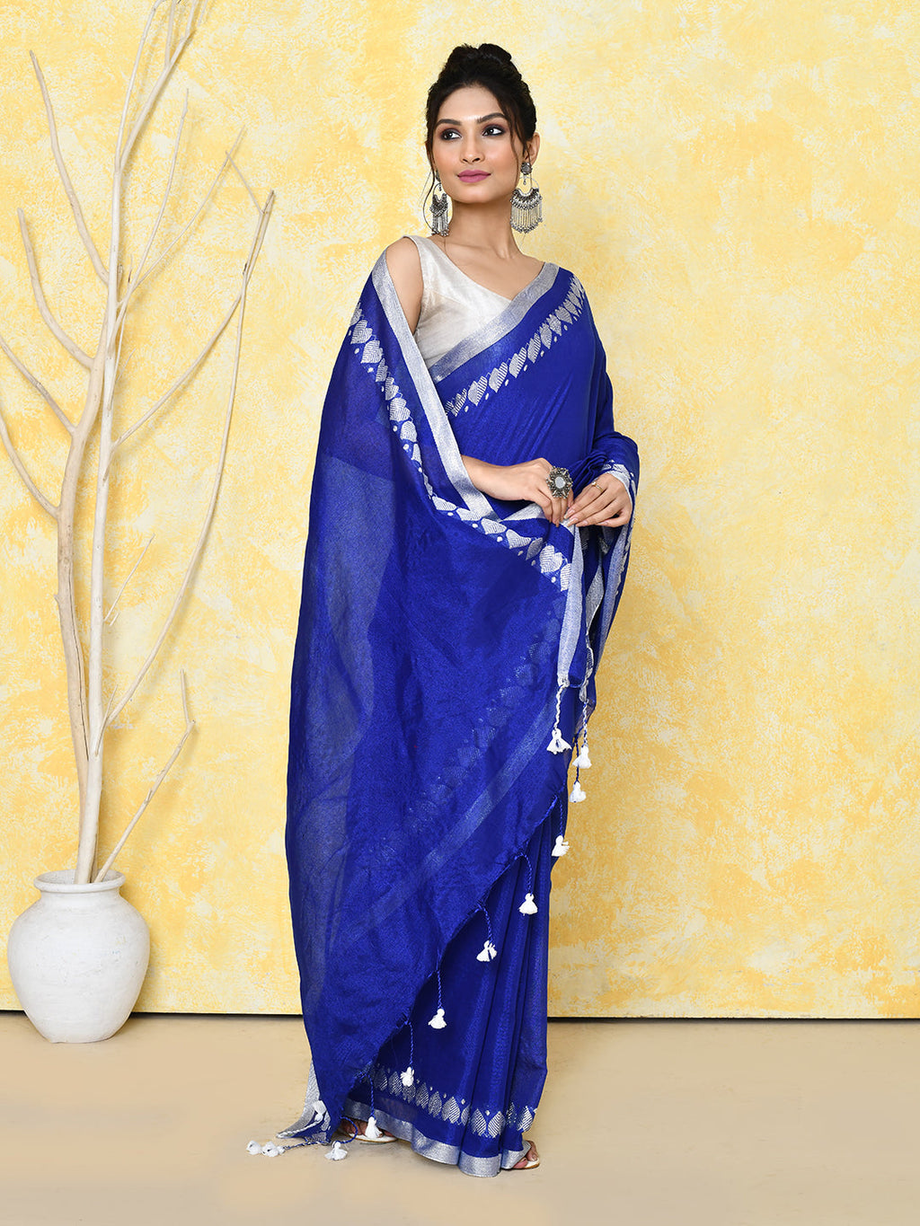 Piyari Fashion Women's Love Border Royal Blue Tissue Saree With Blouse Piece