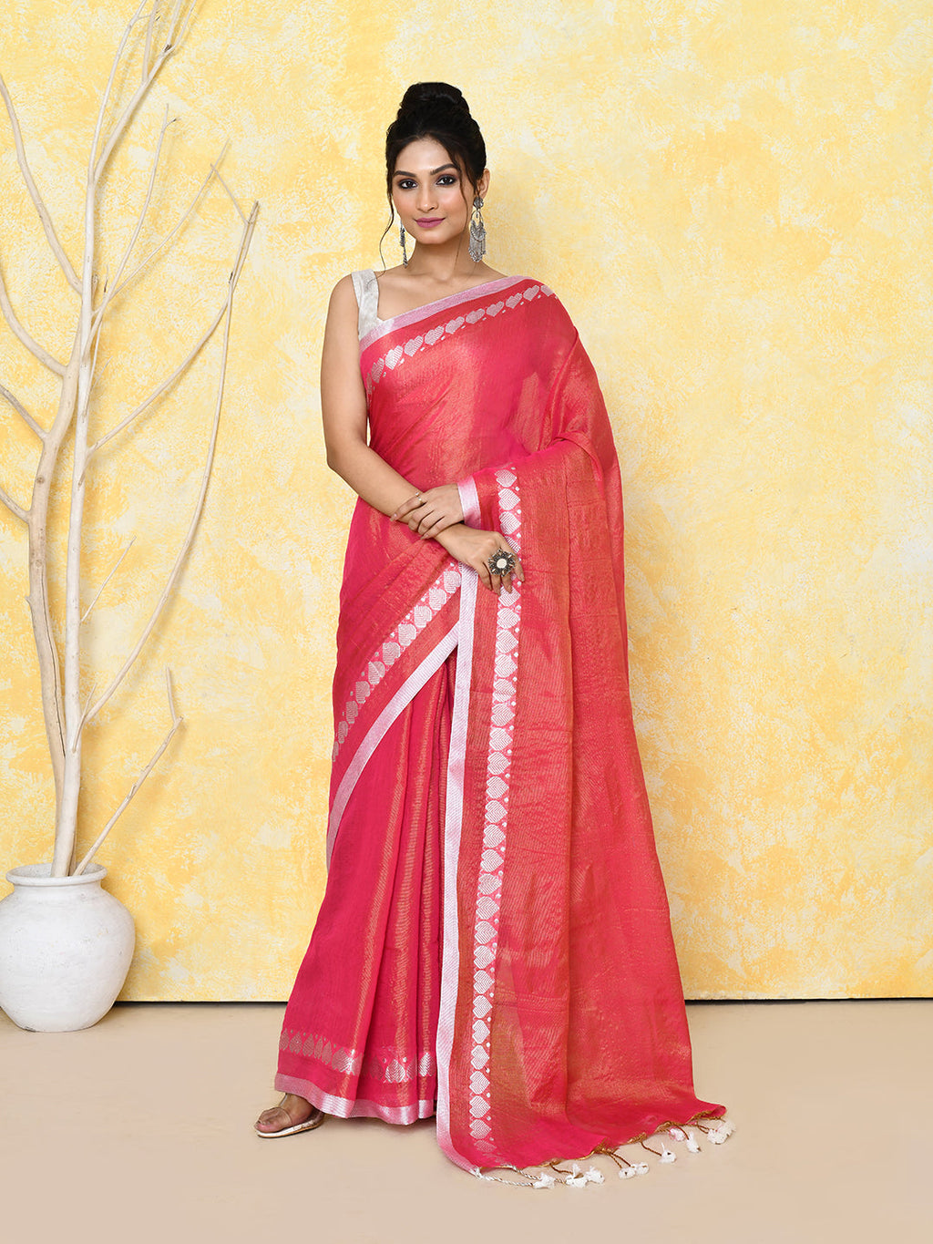 Piyari Fashion Women's Love Border Tomato Red Tissue Saree With Blouse Piece