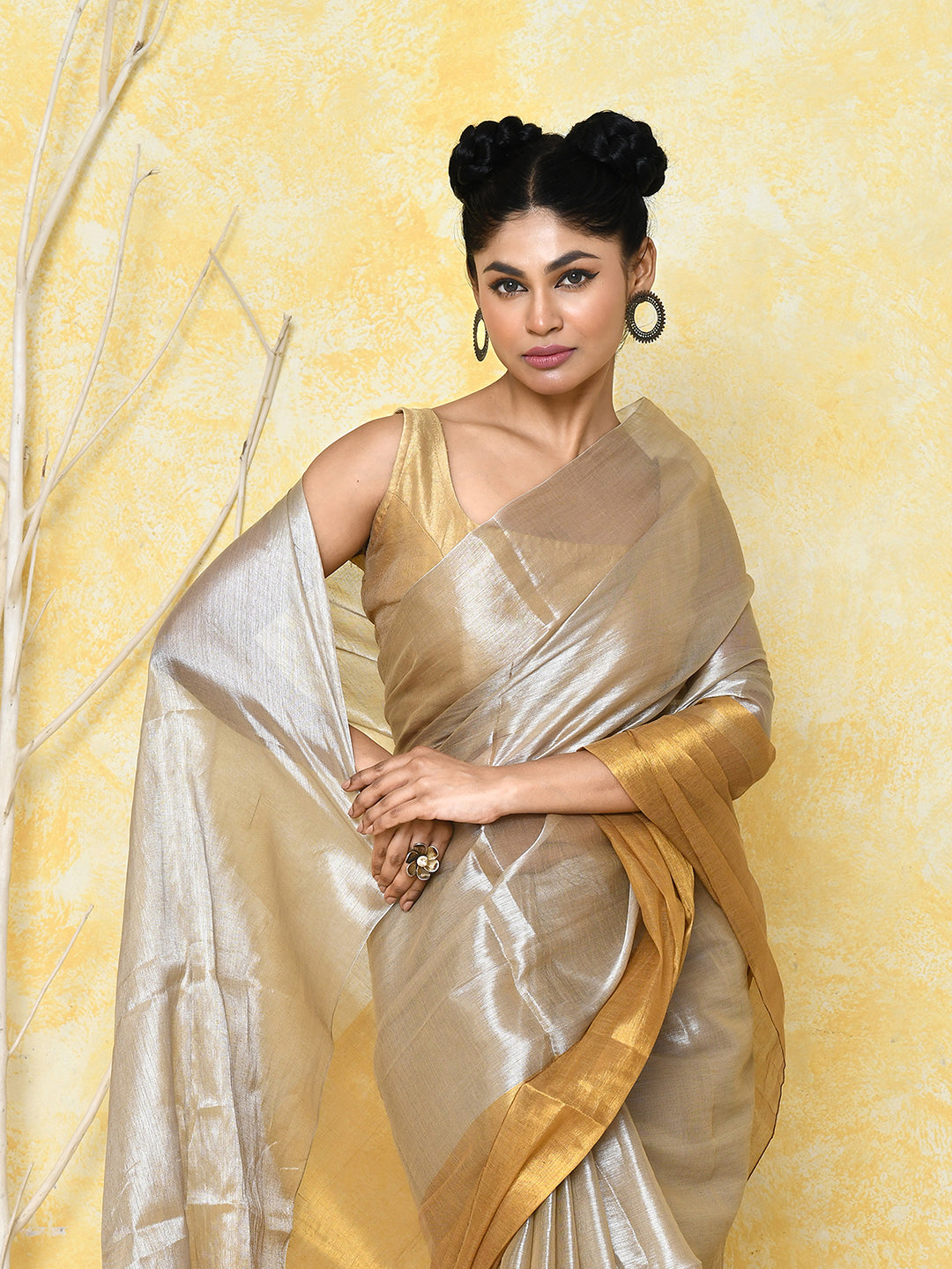 Piyari Fashion Women's Silver Gold Organic Tissue Saree With Blouse Piece