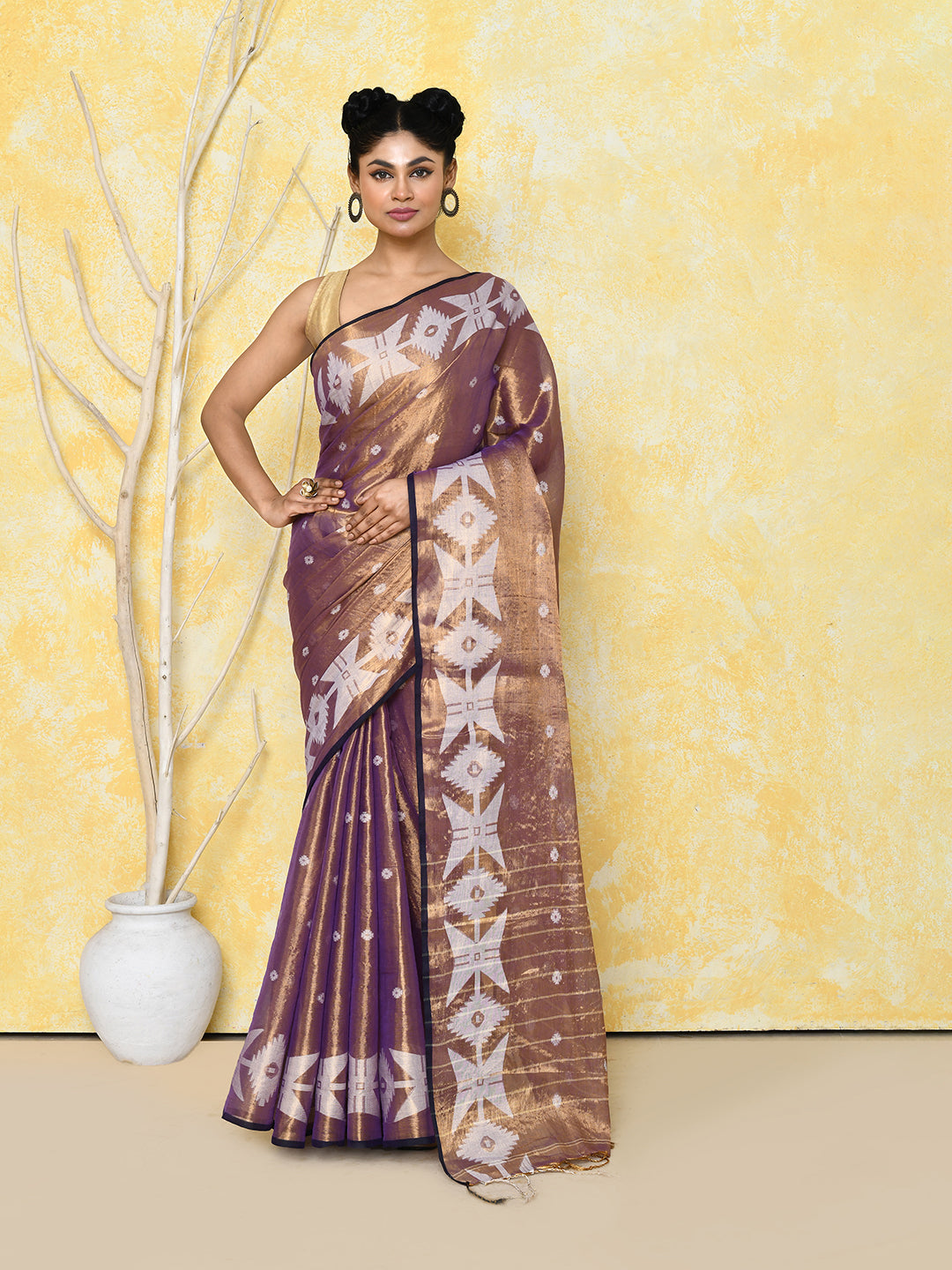 Piyari Fashion Women's Gold Blue Dual Tone Organic Tissue Jamdani Saree With Blouse Piece