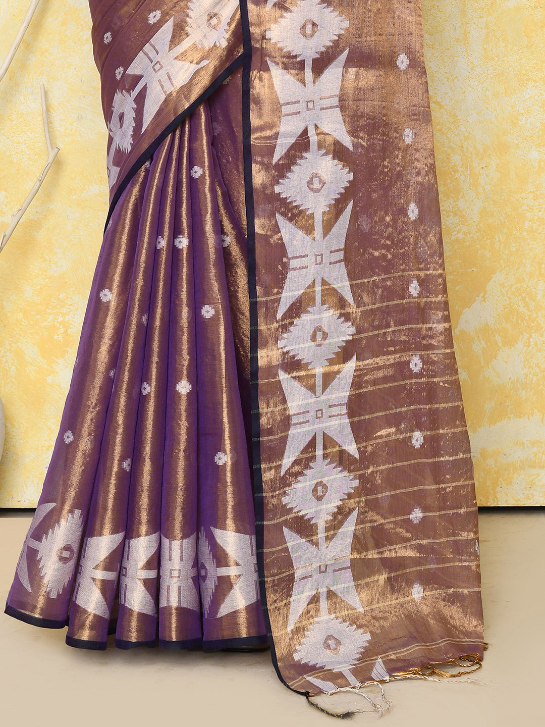 Piyari Fashion Women's Gold Blue Dual Tone Organic Tissue Jamdani Saree With Blouse Piece