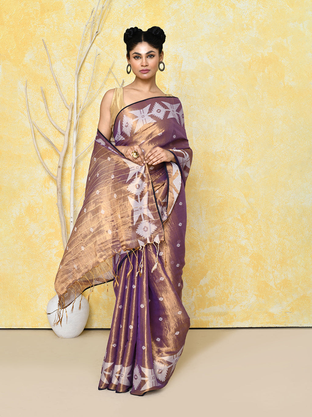 Piyari Fashion Women's Gold Blue Dual Tone Organic Tissue Jamdani Saree With Blouse Piece