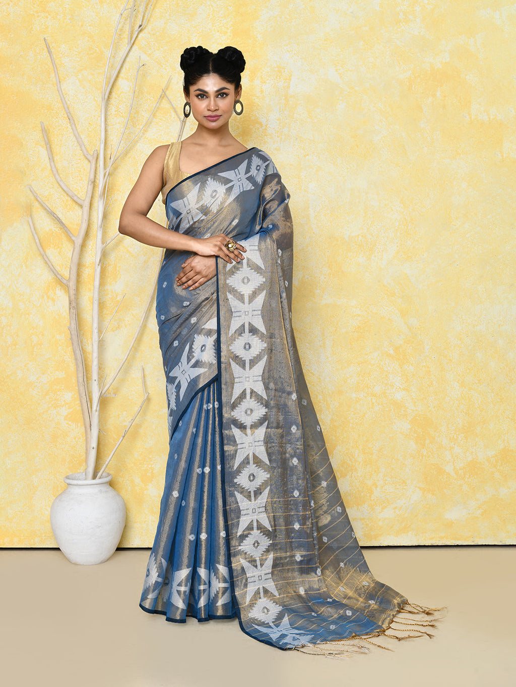 Piyari Fashion Women's Gold Turquoise Dual Tone Organic Tissue Jamdani Saree With Blouse Piece