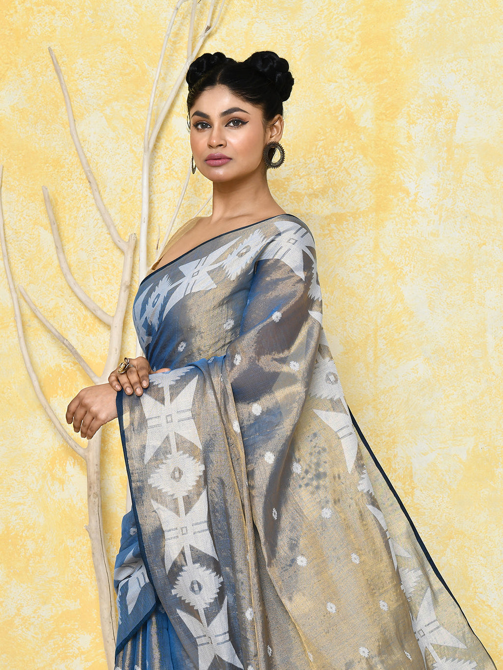 Piyari Fashion Women's Gold Turquoise Dual Tone Organic Tissue Jamdani Saree With Blouse Piece