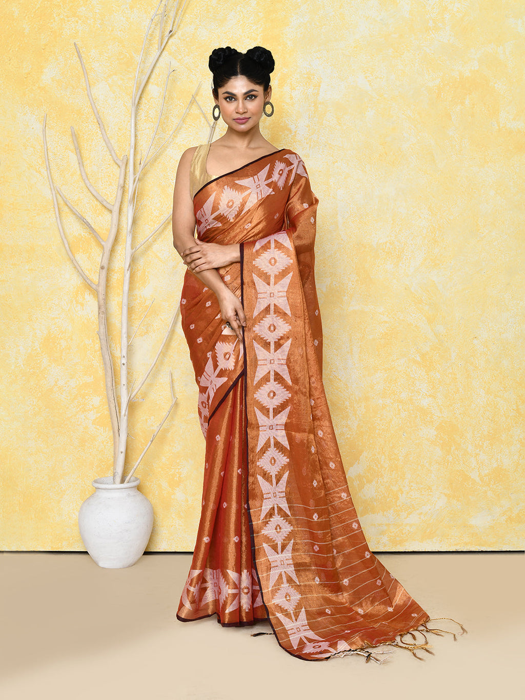 Piyari Fashion Women's Orange Dual Tone Organic Tissue Jamdani Saree With Blouse Piece