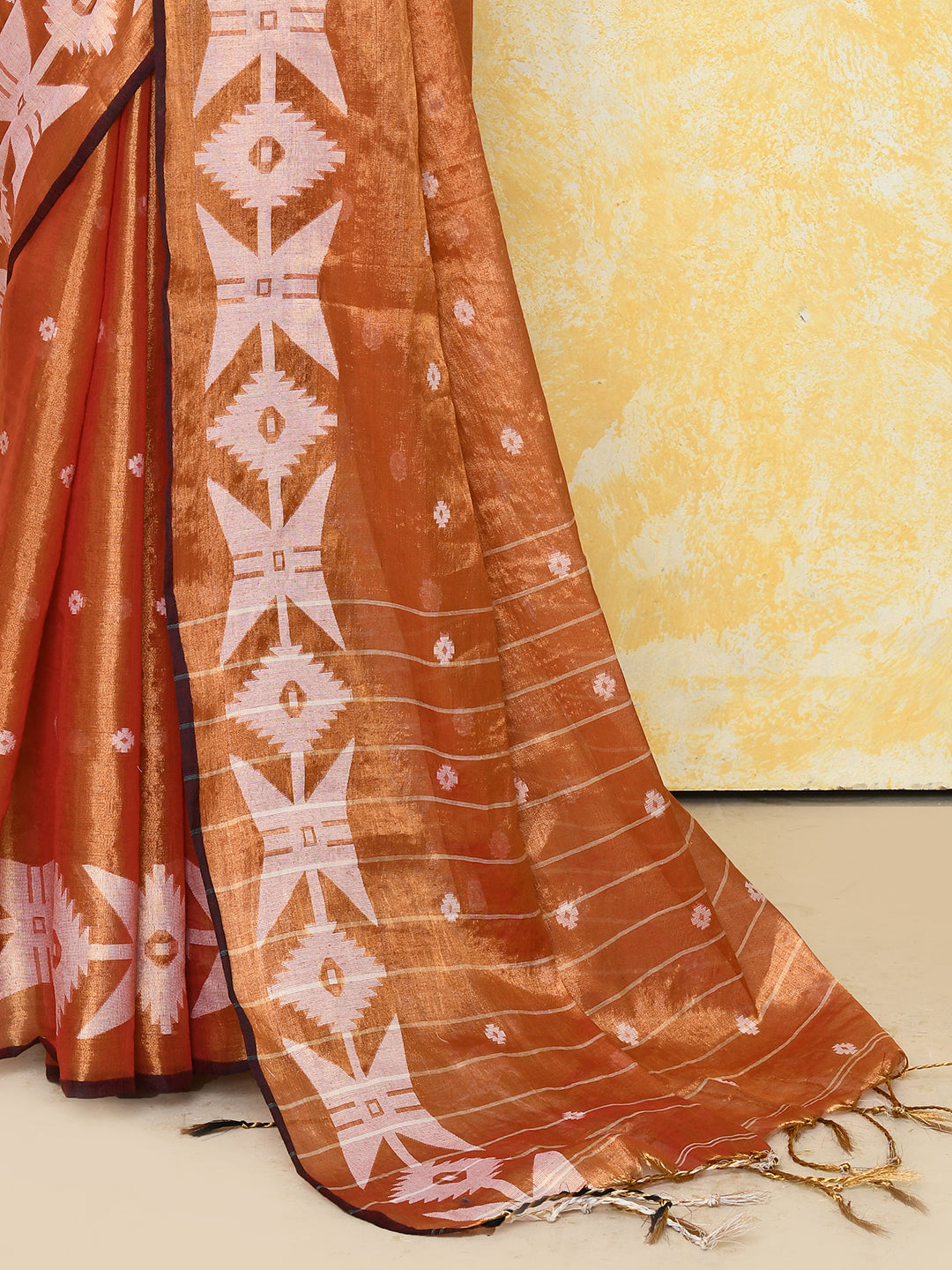 Piyari Fashion Women's Orange Dual Tone Organic Tissue Jamdani Saree With Blouse Piece
