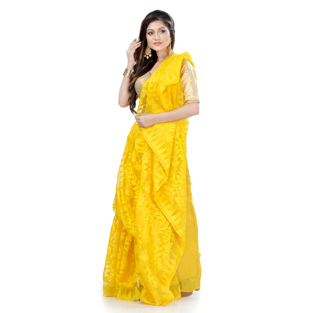 Piyari Fashion Cotton Blend Handloom Yellow Jamdani Saree