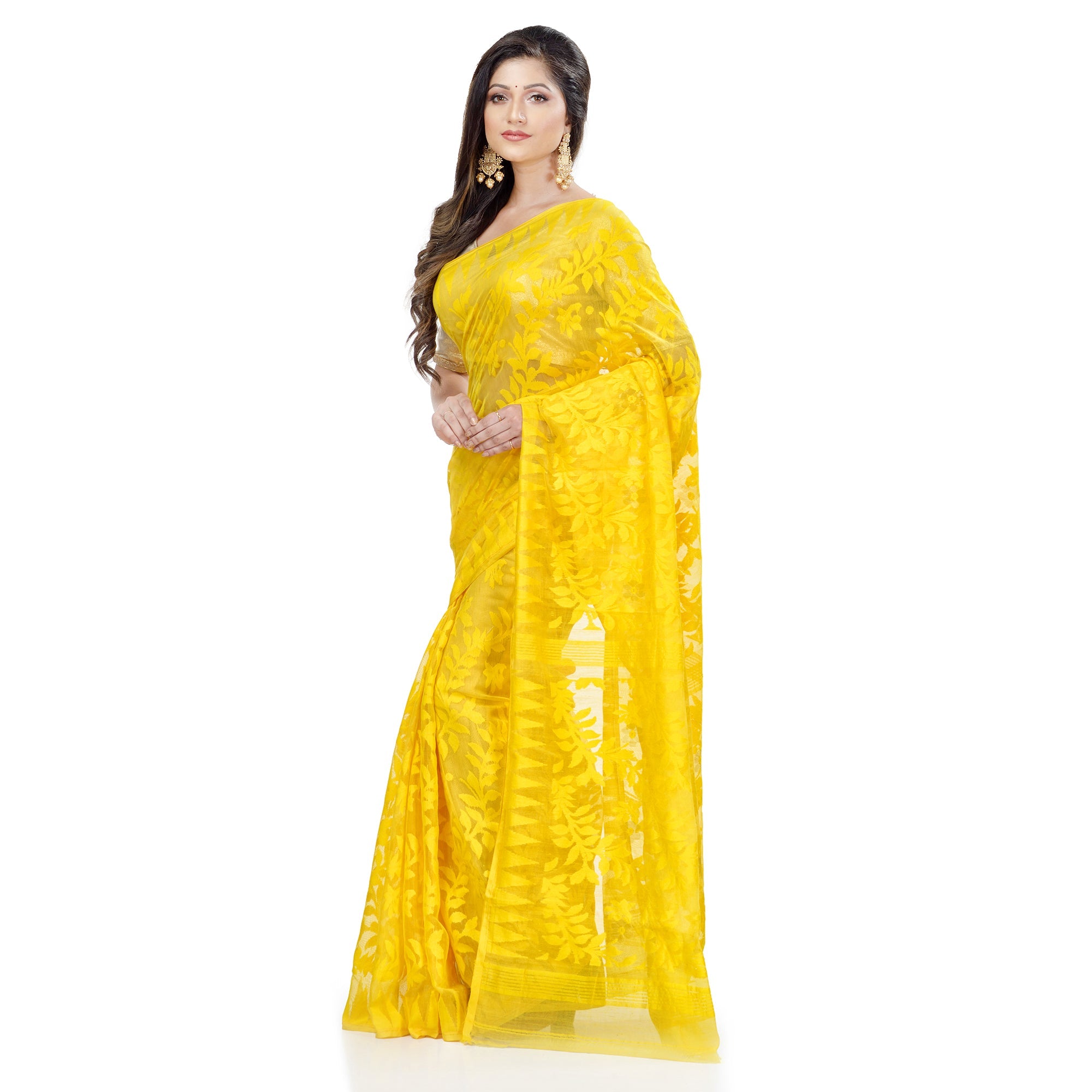 Piyari Fashion Cotton Blend Handloom Yellow Jamdani Saree
