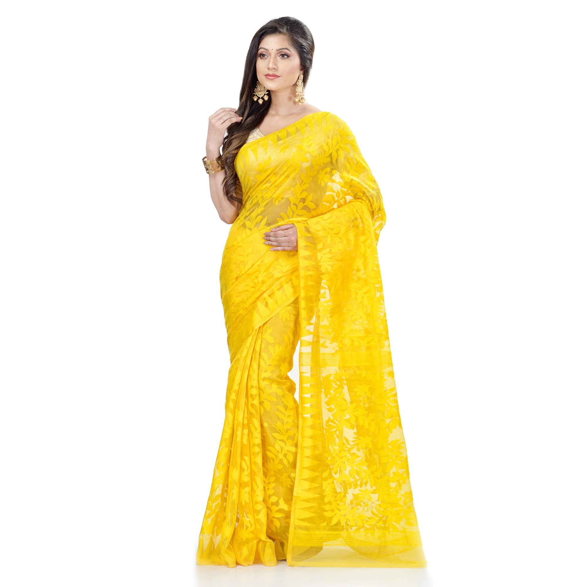 Piyari Fashion Cotton Blend Handloom Yellow Jamdani Saree
