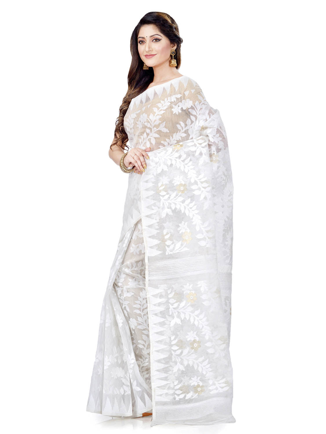 Piyari Fashion Cotton Blend Handloom White Jamdani Saree