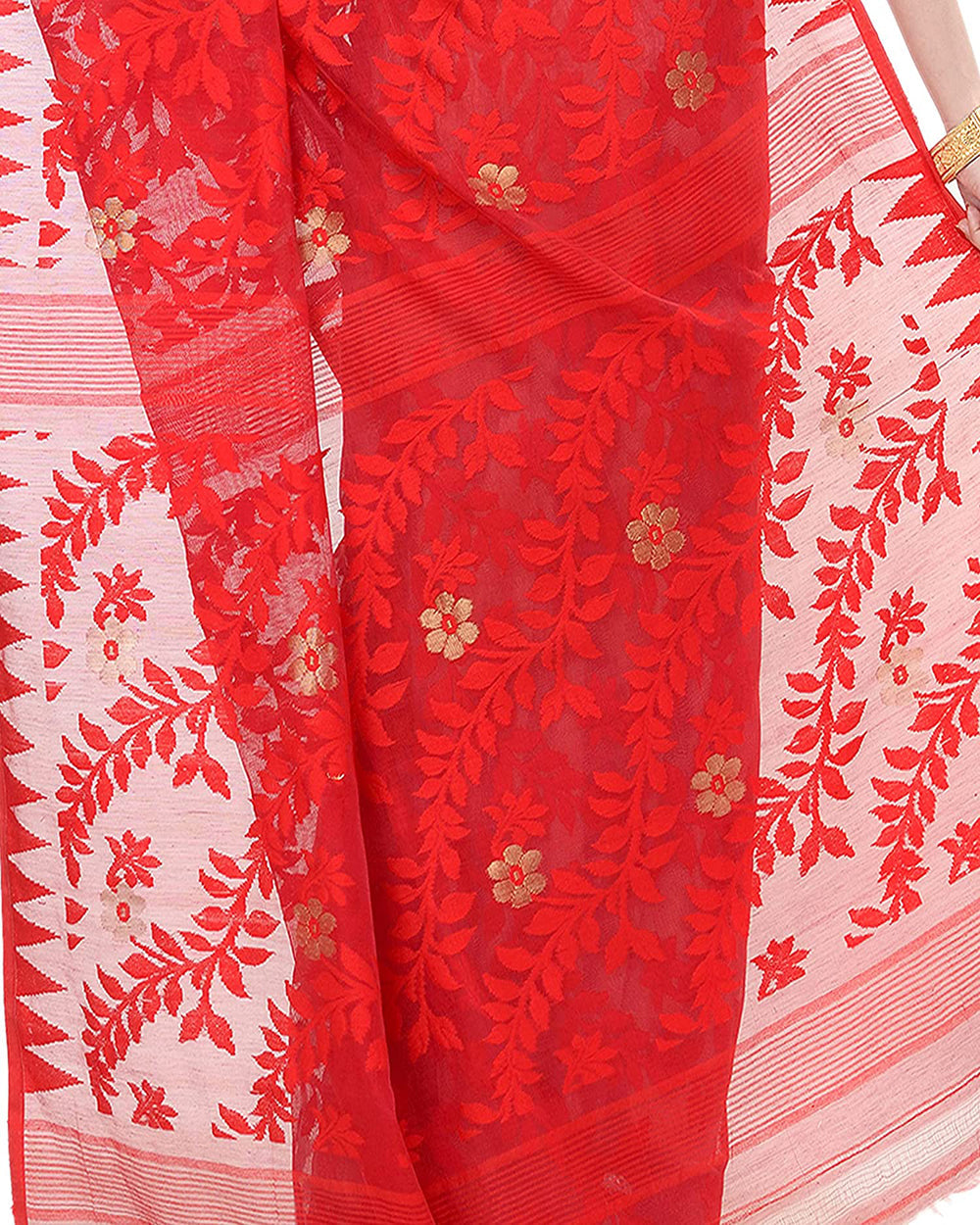 Piyari Fashion Cotton Blend Handloom Red White Jamdani Saree