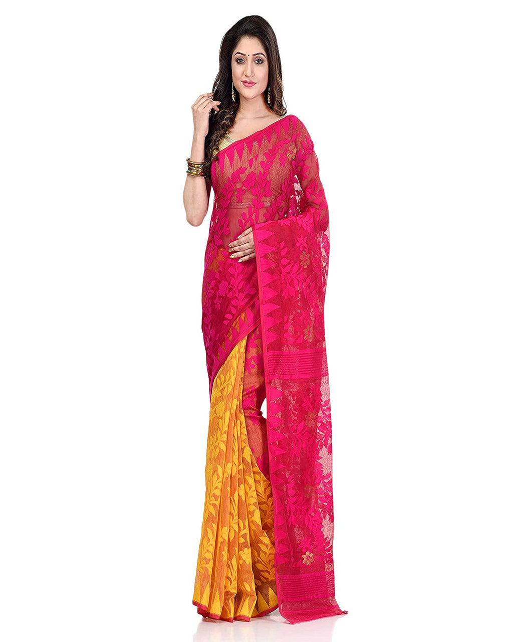 Piyari Fashion Cotton Blend Handloom Yellow Pink Jamdani Saree