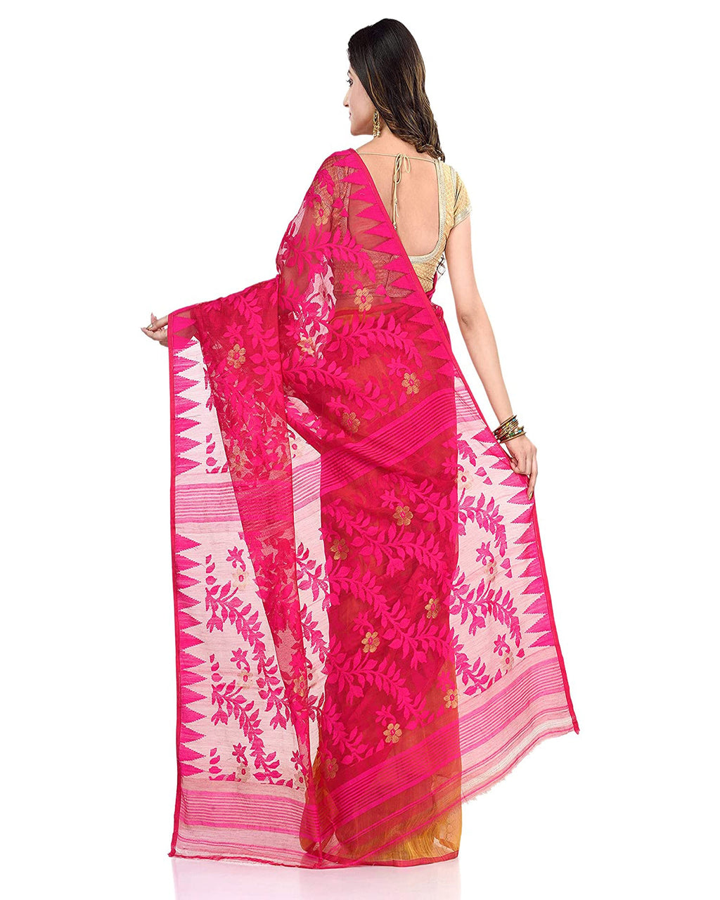 Piyari Fashion Cotton Blend Handloom Yellow Pink Jamdani Saree