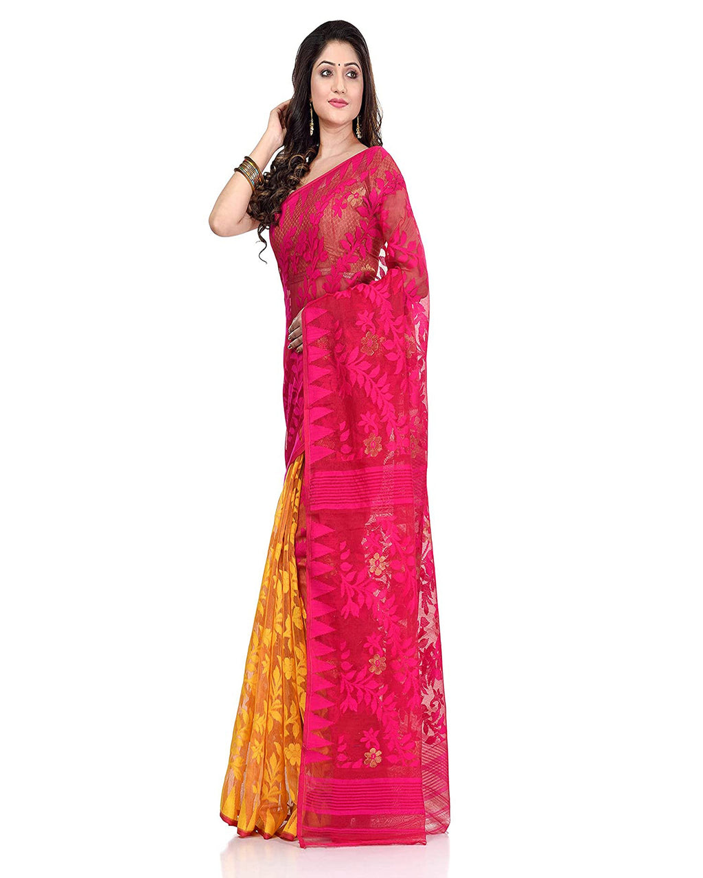 Piyari Fashion Cotton Blend Handloom Yellow Pink Jamdani Saree