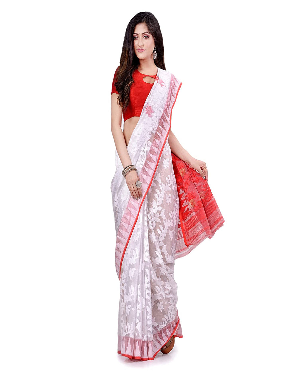 Piyari Fashion Cotton Blend Handloom White Jamdani Saree
