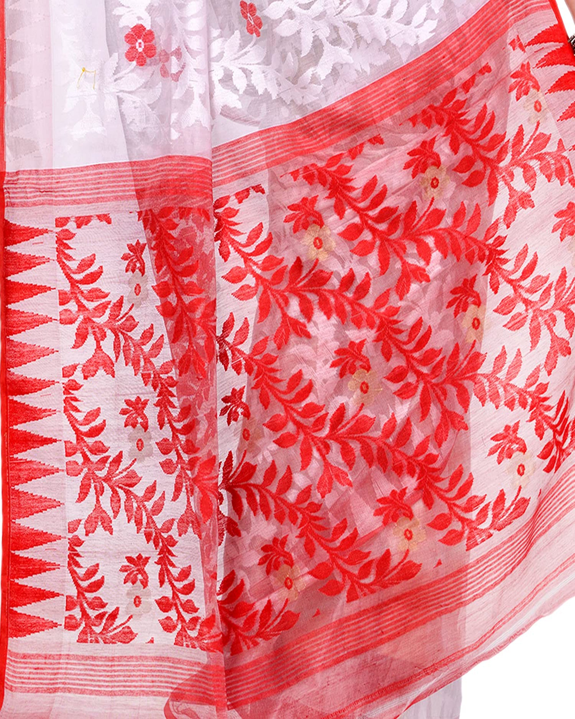 Piyari Fashion Cotton Blend Handloom White Jamdani Saree