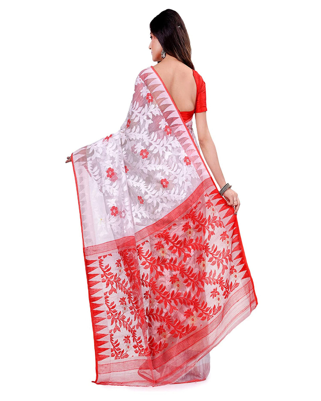 Piyari Fashion Cotton Blend Handloom White Jamdani Saree