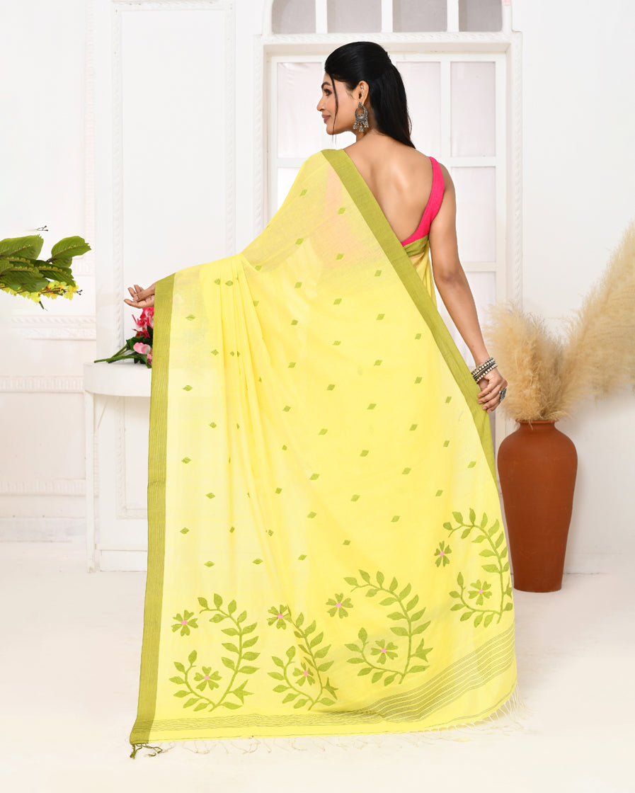 Piyari Fashion Women's Light Lemon Yellow Cotton Handloom Jamdani Saree With Blouse