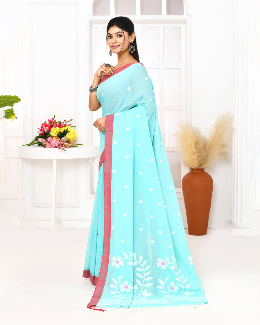 Piyari Fashion Women's Light Sky Blue Cotton Handloom Jamdani Saree With Blouse