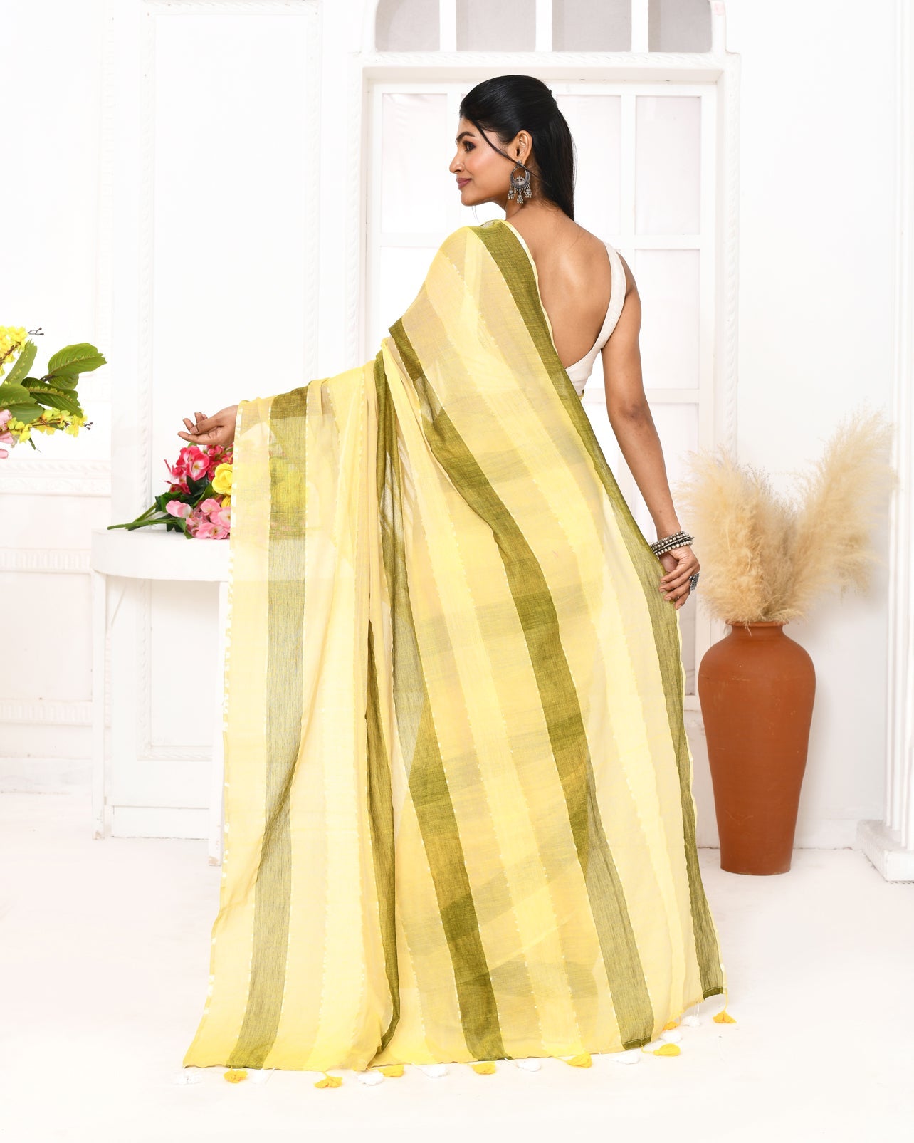 Piyari Fashion Multi Color Striped Mulmul Cotton Saree With Tassels