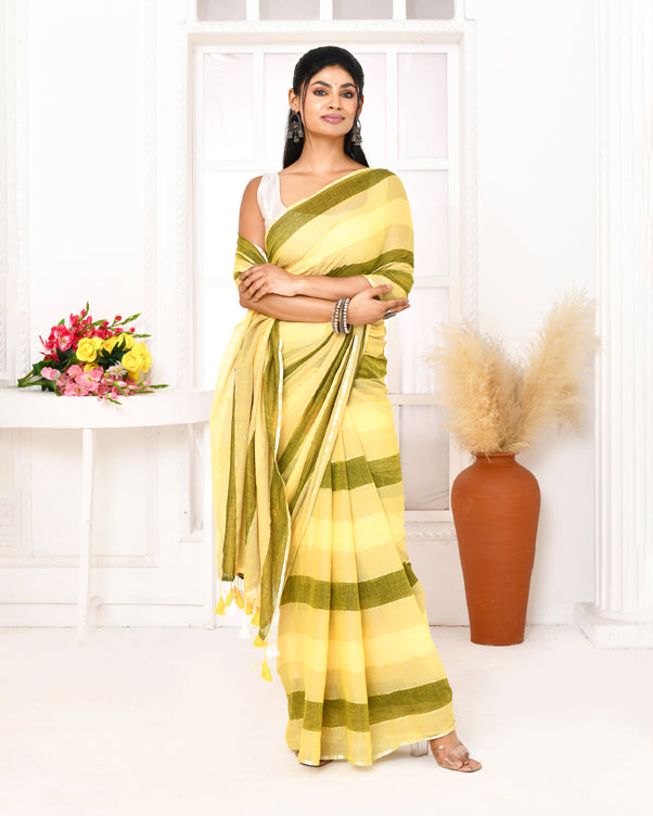 Piyari Fashion Multi Color Striped Mulmul Cotton Saree With Tassels