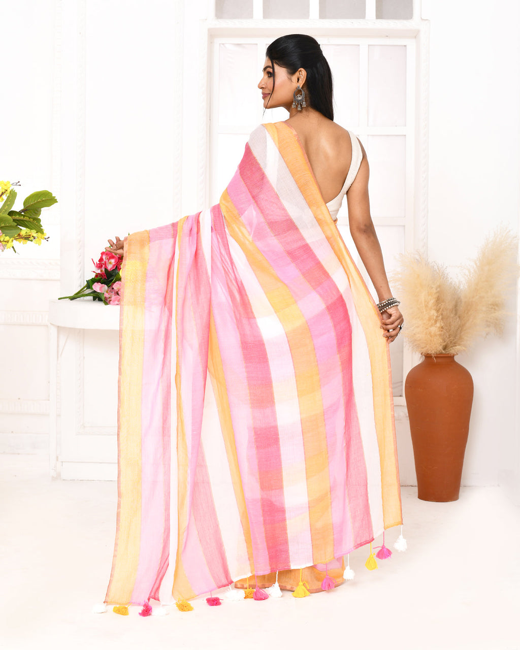 Piyari Fashion Pink Striped Mulmul Cotton Saree With Tassels
