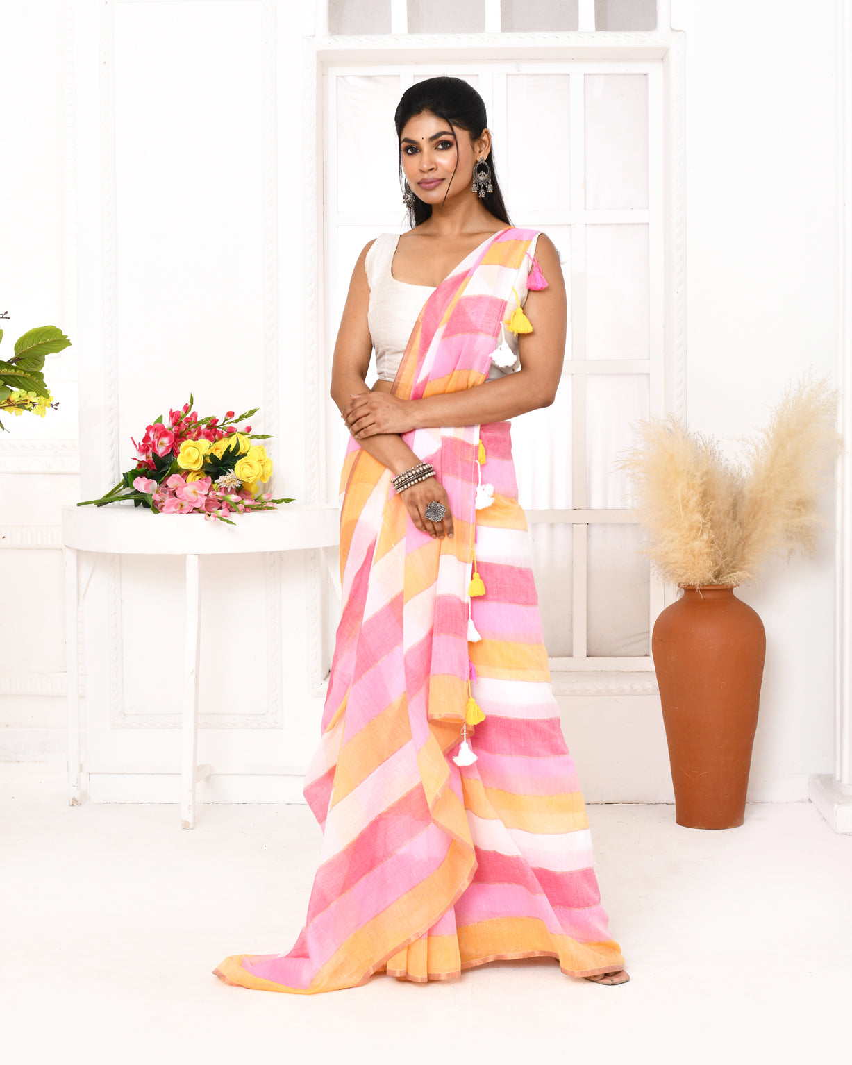 Piyari Fashion Pink Striped Mulmul Cotton Saree With Tassels