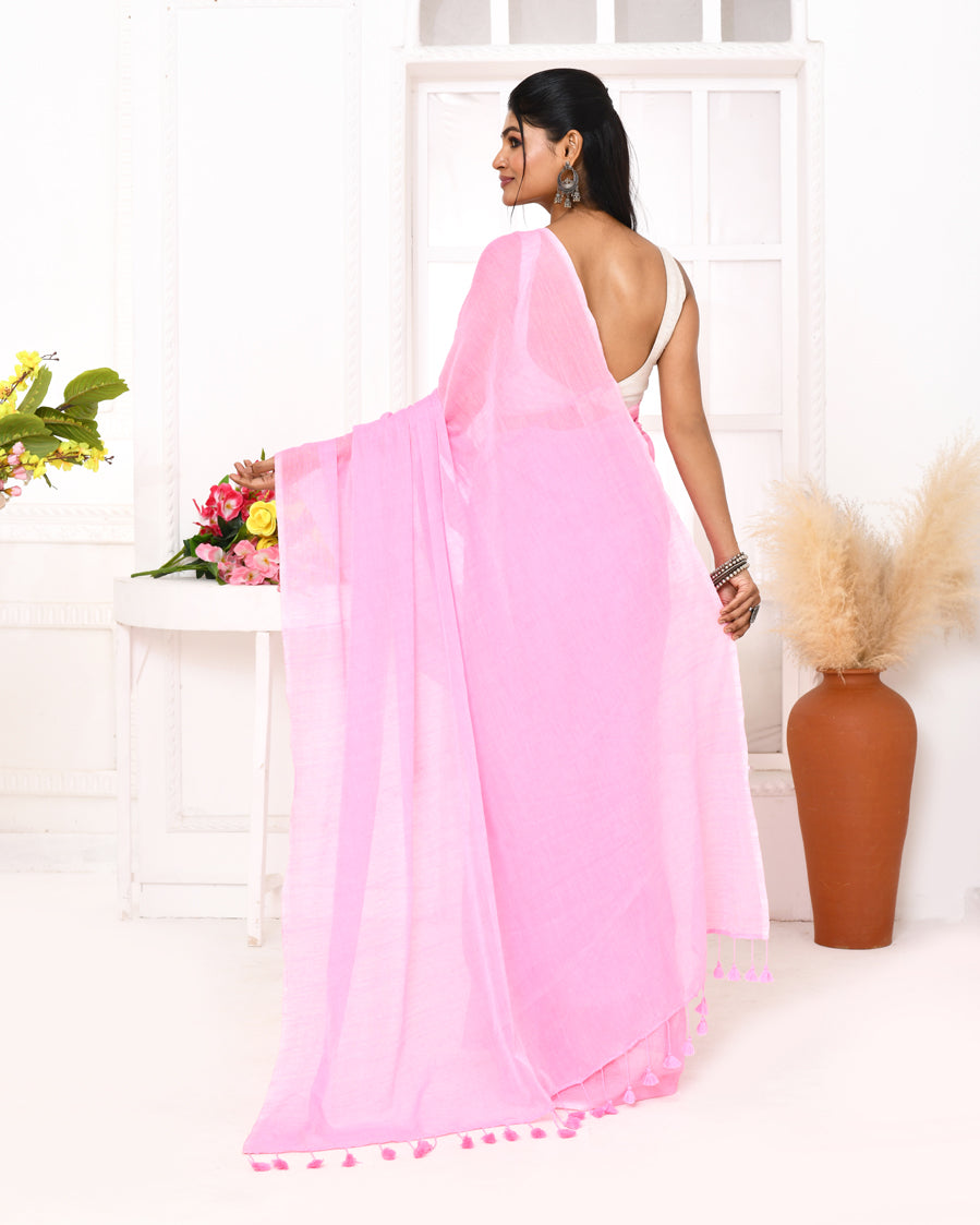 Piyari Fashion Pink Mulmul Cotton Saree With Tassels