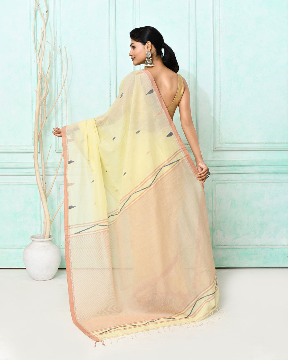 Piyari Fashion Women's Cream Cotton Handloom Jamdani Saree With Blouse