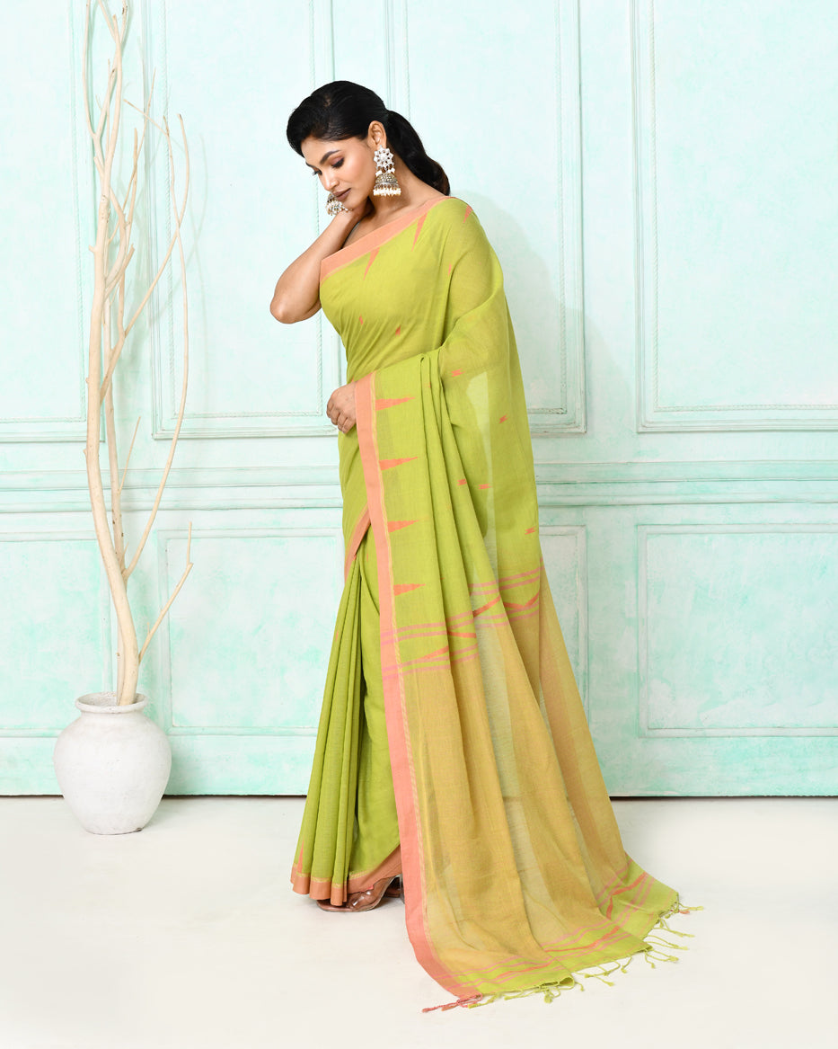 Piyari Fashion Women's Olive Cotton Handloom Jamdani Saree With Blouse