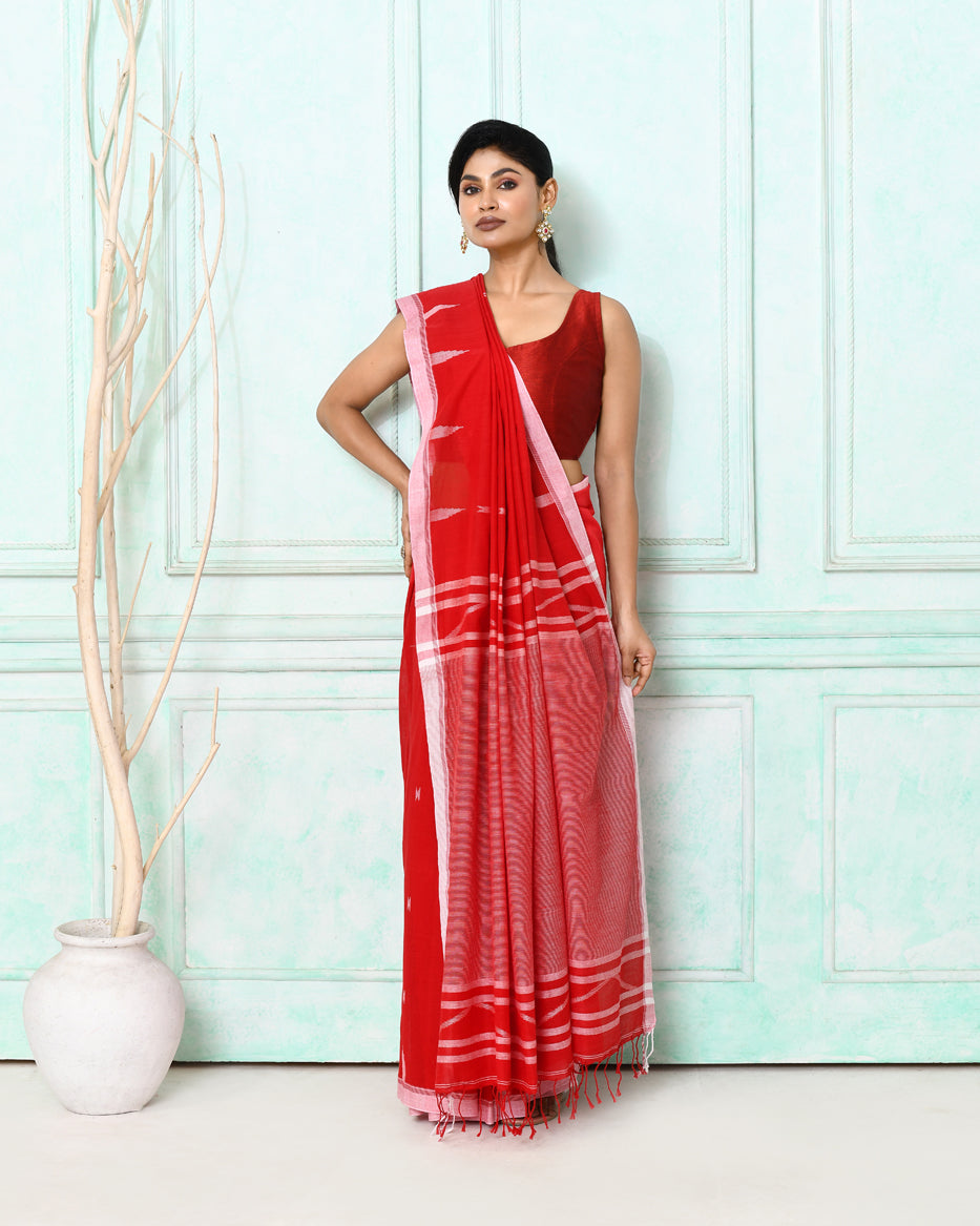Piyari Fashion Women's Red Cotton Handloom Jamdani Saree With Blouse