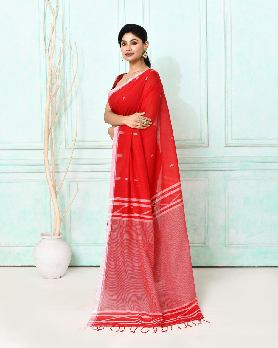 Piyari Fashion Women's Red Cotton Handloom Jamdani Saree With Blouse