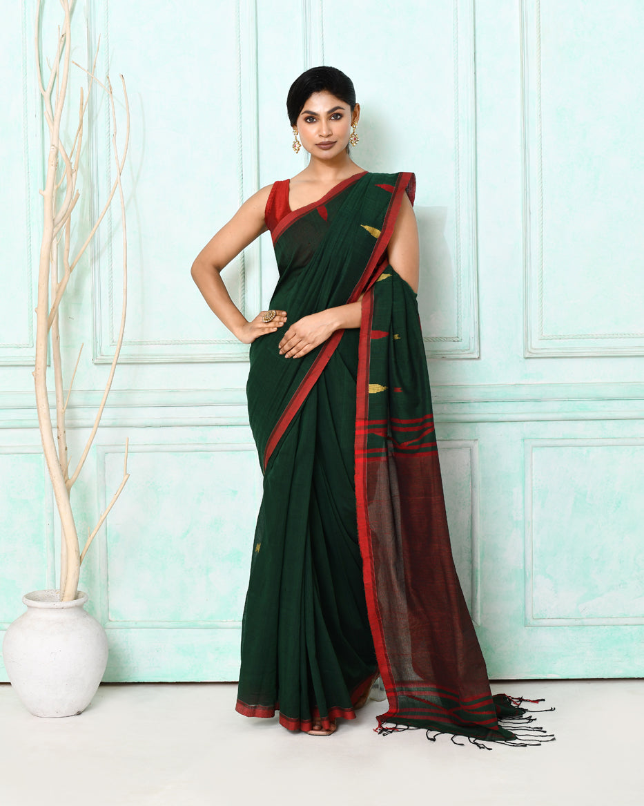 Piyari Fashion Women's Dark Green Cotton Handloom Jamdani Saree With Blouse