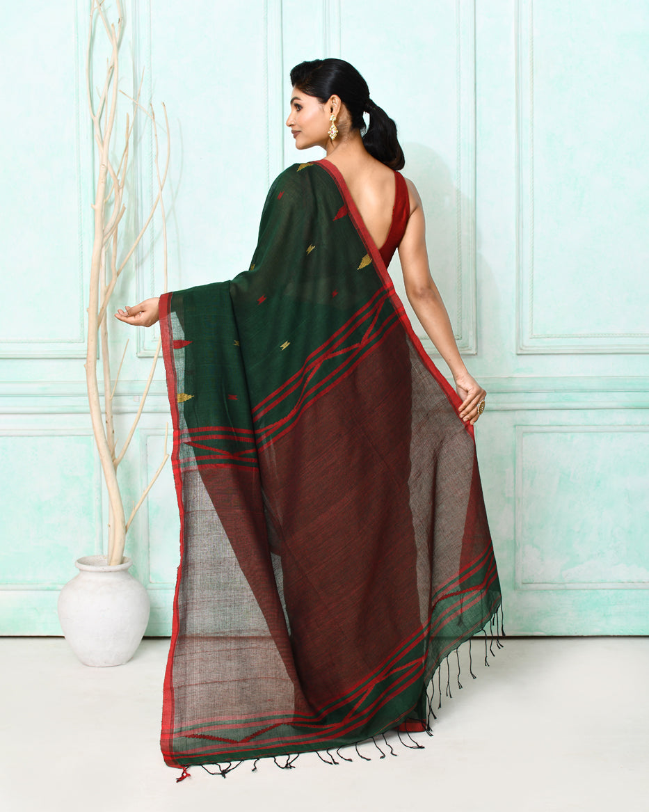 Piyari Fashion Women's Dark Green Cotton Handloom Jamdani Saree With Blouse