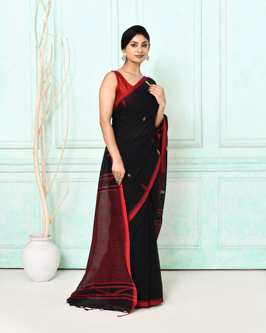 Piyari Fashion Women's Black Cotton Handloom Jamdani Saree With Blouse