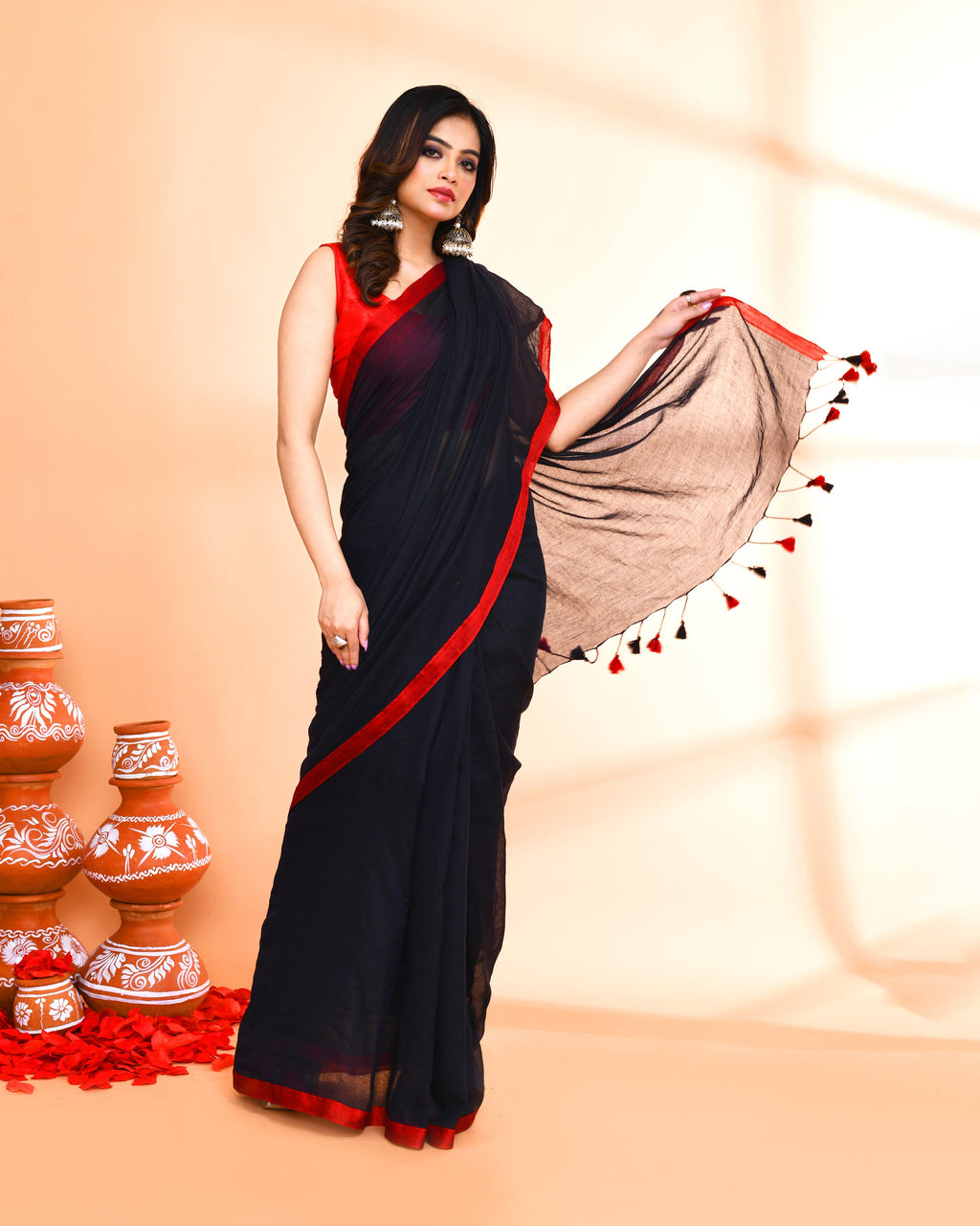 Piyari Fashion Red Border Black Mulmul Cotton Saree With Tassels