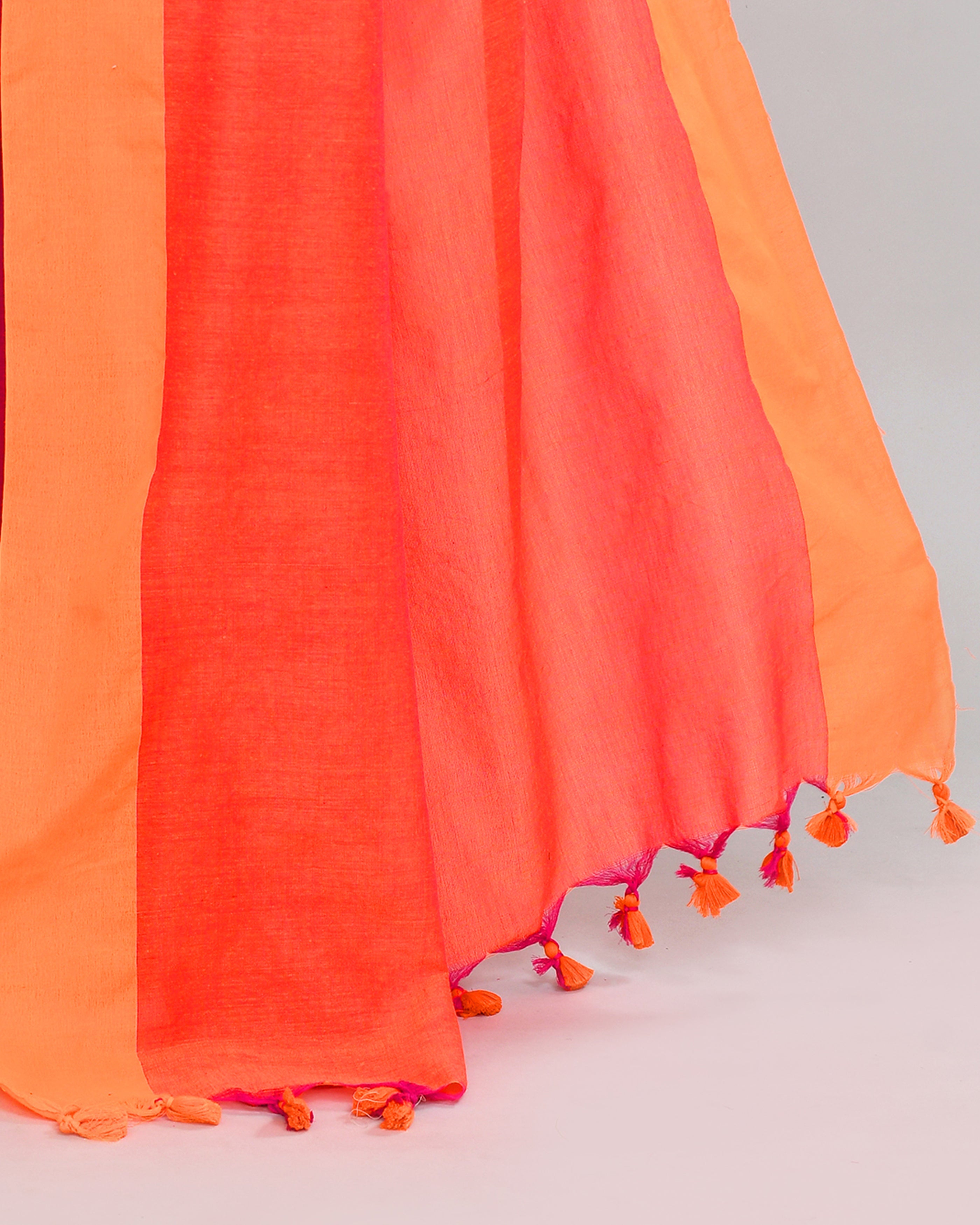 Piyari Fashion Orange Border Rani Pink Cotton Saree With Tassels