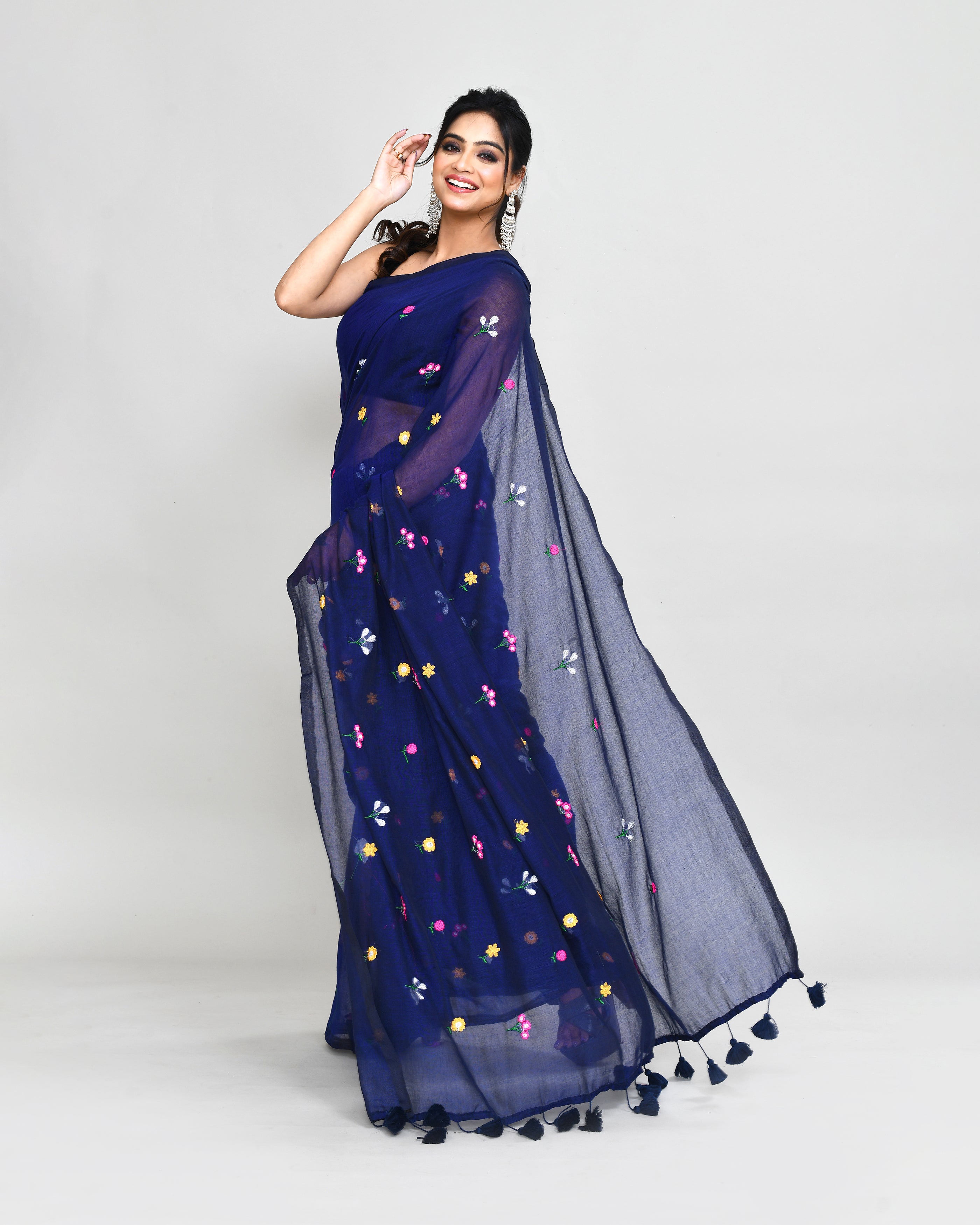 Piyari Fashion Women's Blue Exclusive Embroidery Saree With Tassels