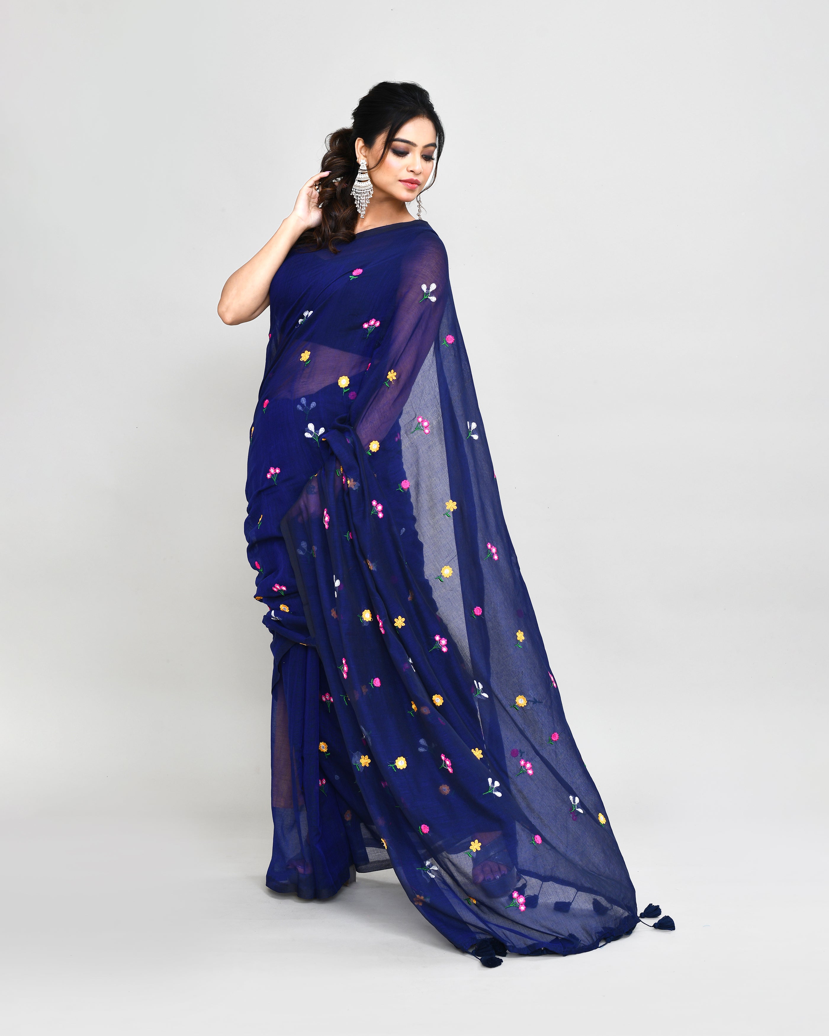Piyari Fashion Women's Blue Exclusive Embroidery Saree With Tassels