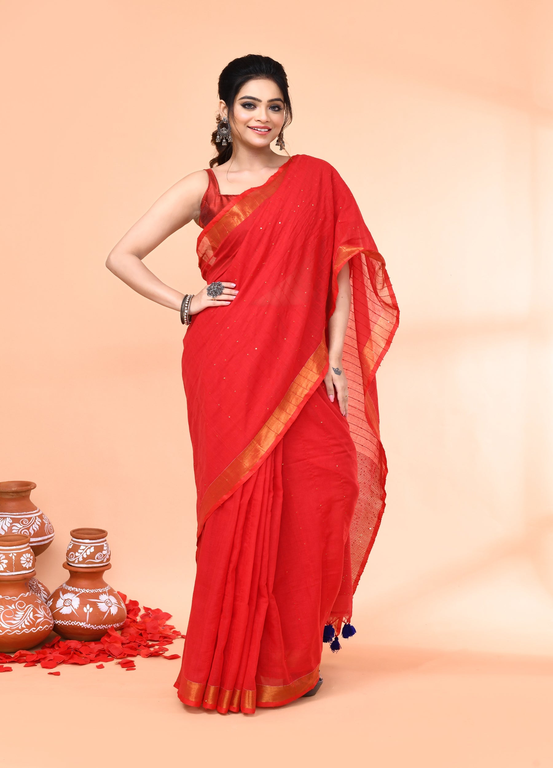 Piyari Fashion Women`s Cotton Handloom Red Sequin Saree With Blouse