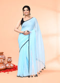 Piyari Fashion Aqua Blue Mulmul Cotton Saree With Tassels
