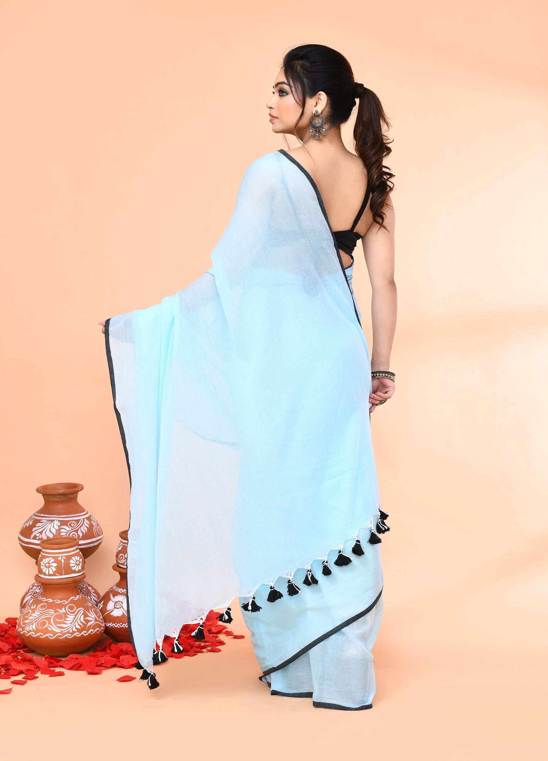 Piyari Fashion Aqua Blue Mulmul Cotton Saree With Tassels