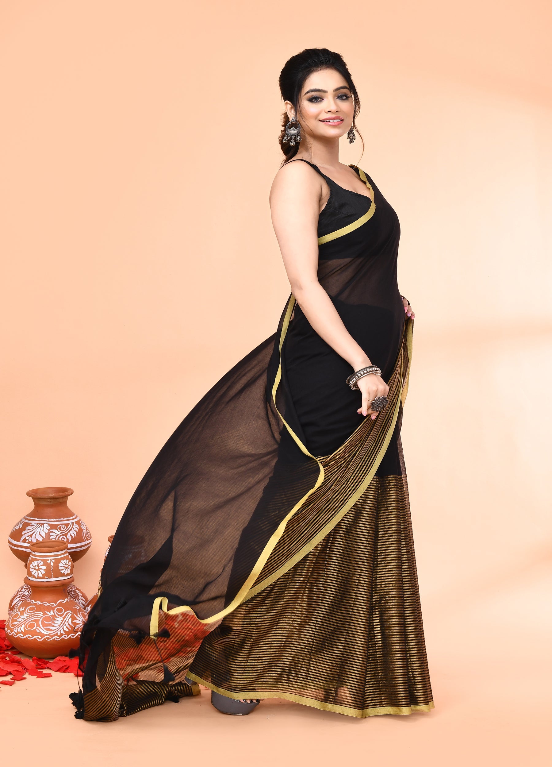 Piyari Fashion Women`s Black Cotton Handloom Saree With Gold Zari Stripes
