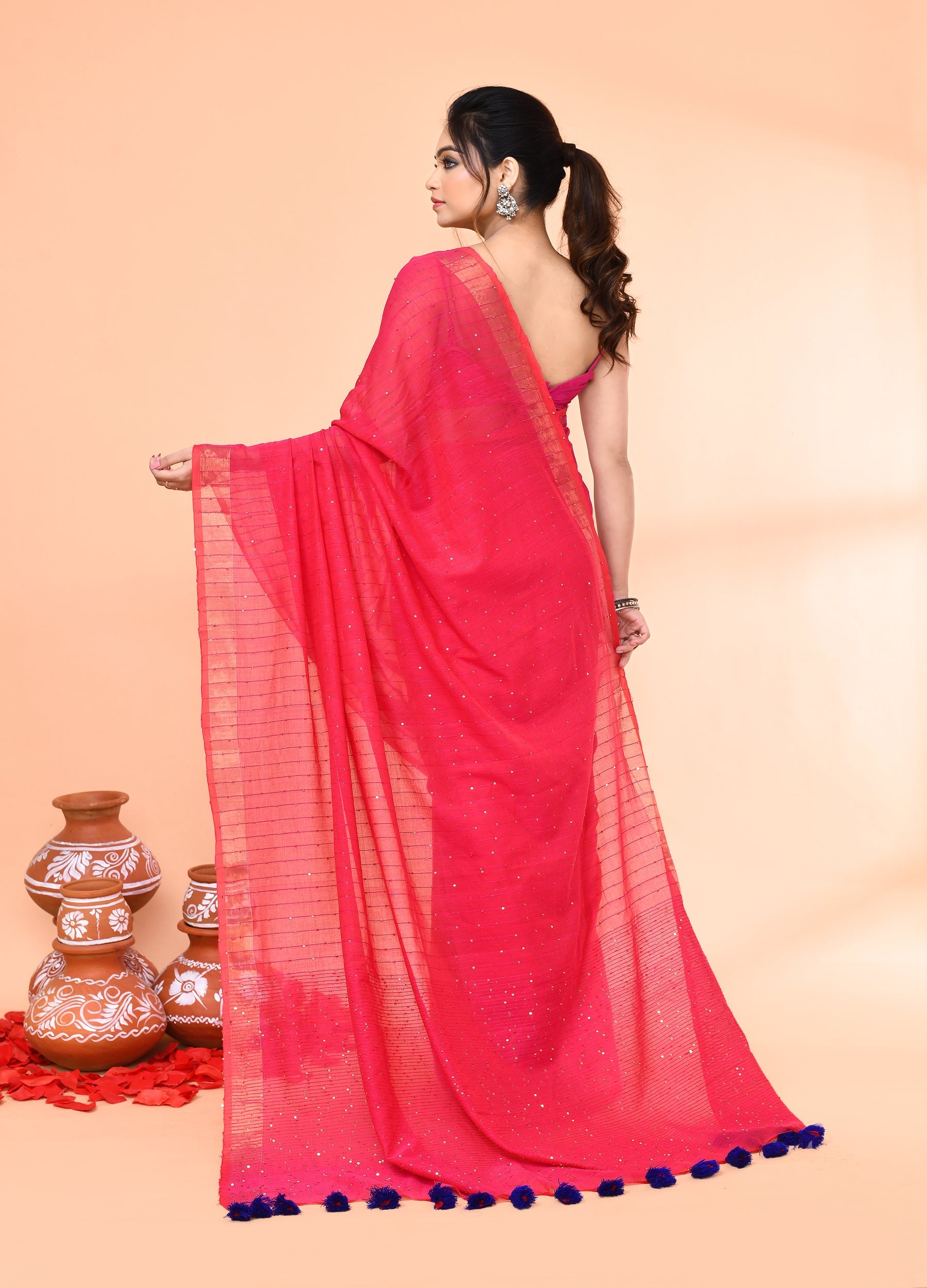 Piyari Fashion Women`s Cotton Handloom Pink Sequin Saree With Blouse