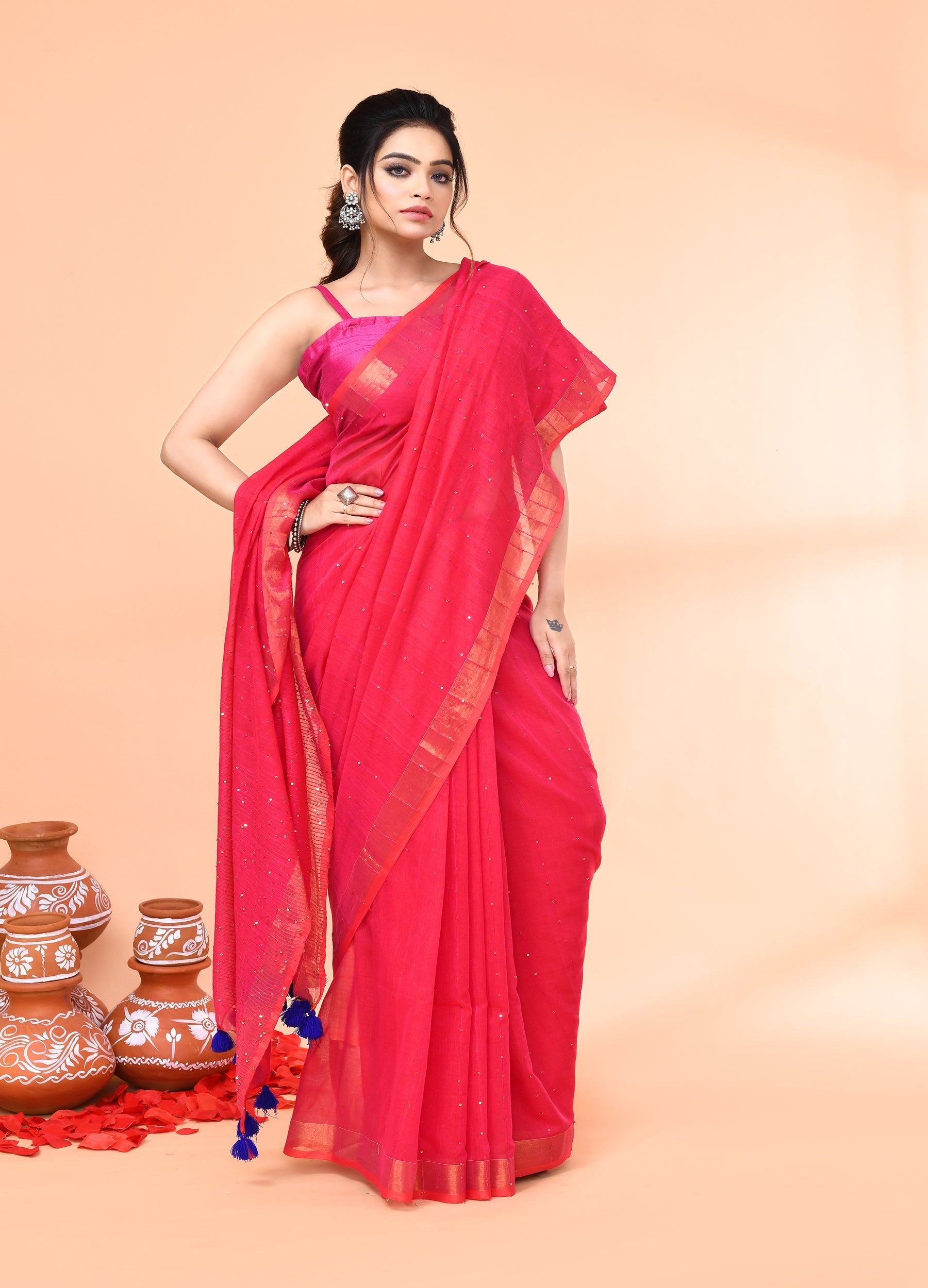 Piyari Fashion Women`s Cotton Handloom Pink Sequin Saree With Blouse