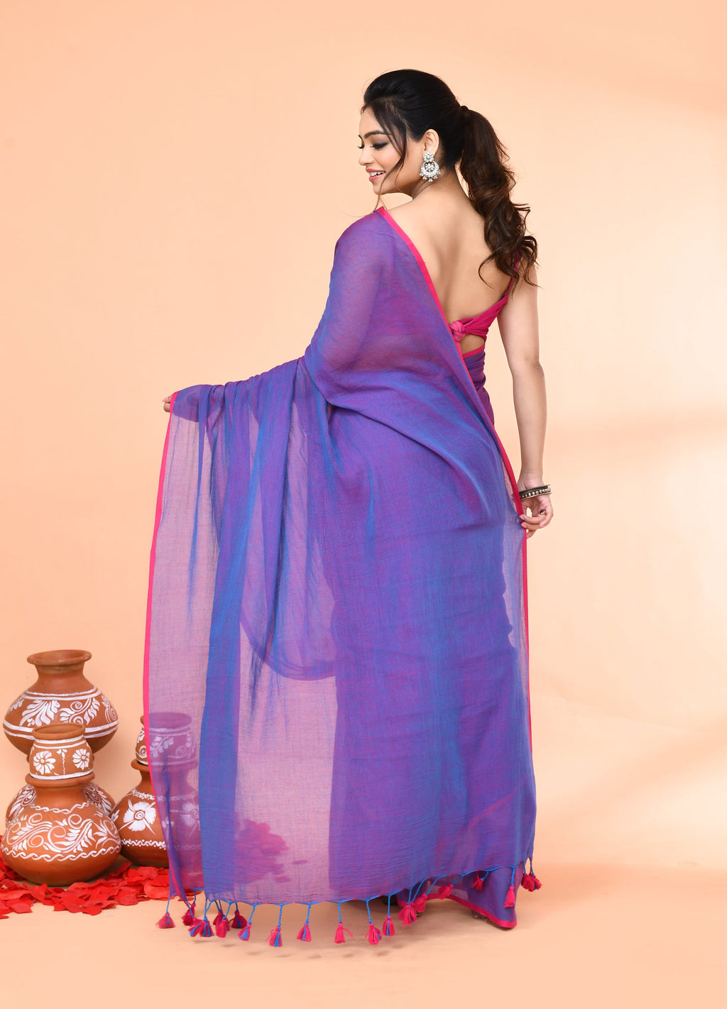 Piyari Fashion Vivid Indigo Mulmul Cotton Saree With Tassels