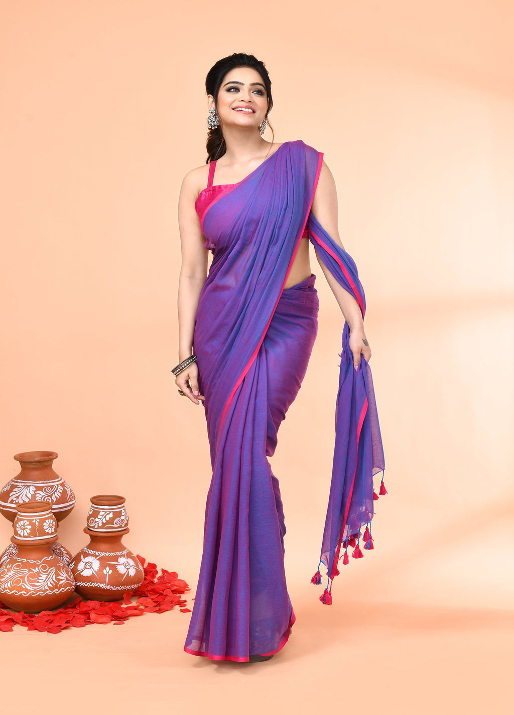 Piyari Fashion Vivid Indigo Mulmul Cotton Saree With Tassels