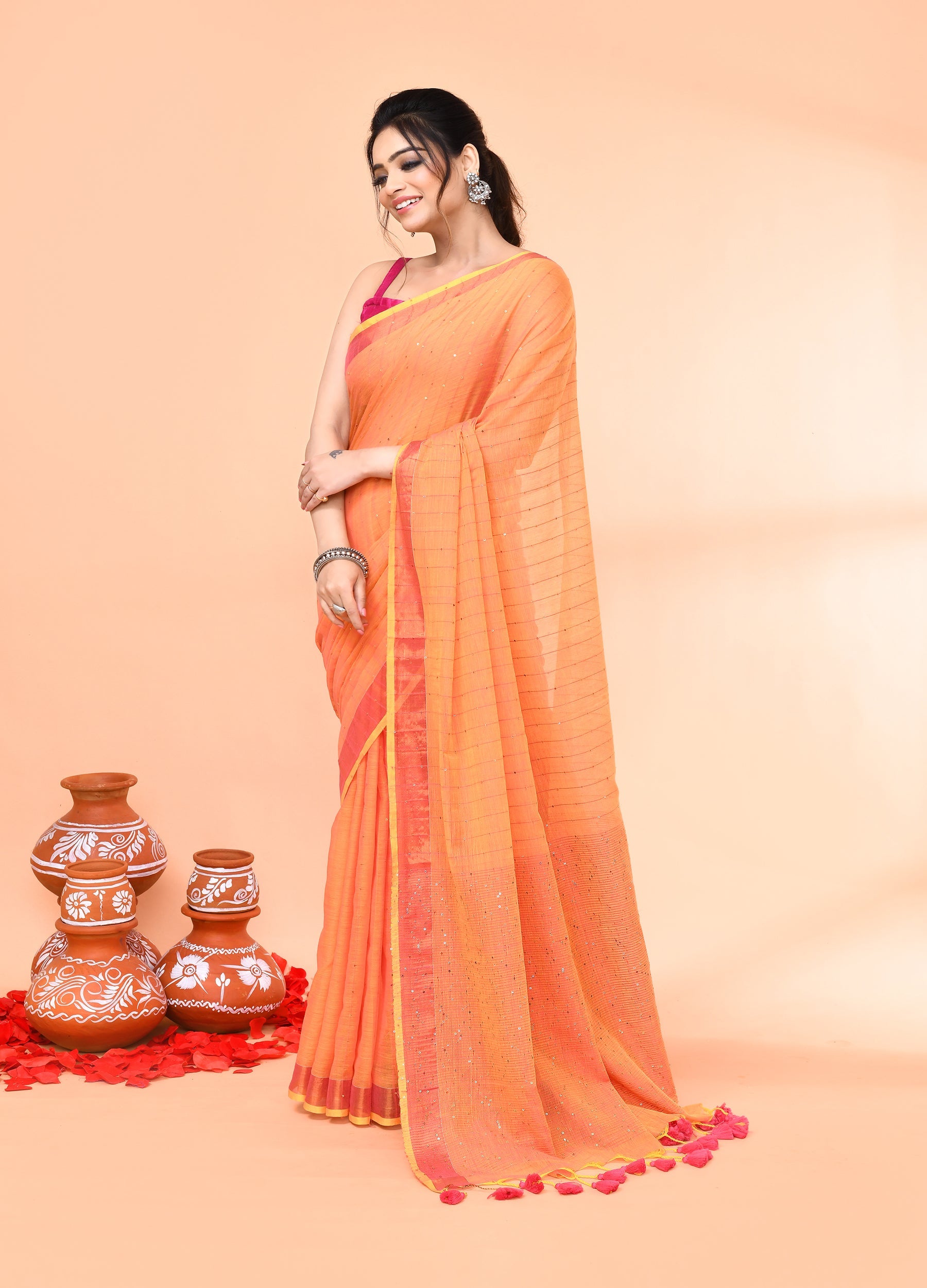 Piyari Fashion Women`s Cotton Handloom Pale Orange Sequin Saree With Blouse
